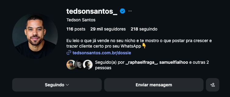 Perfil de Tedson Santos no Instagram
